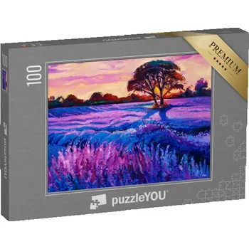 Puzzle puzzle 100 dílků „Levandulová pole při západu slunce, olejomalba“