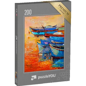 Puzzle puzzle 200 dílků „Lodě a mola, olejomalba“