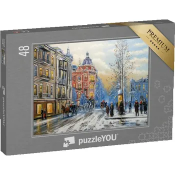 Puzzle puzzle 48 dílků „Olejomalba města pokrytého sněhem, umění“