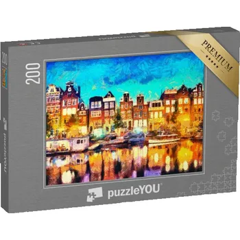 Puzzle puzzle 200 dílků „Amsterdam, domy u kanálu, olejomalba“