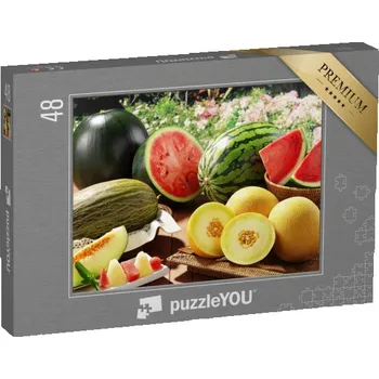 Puzzle puzzle 48 dílků „Zahradní stůl s čerstvými melouny a vodními melouny“