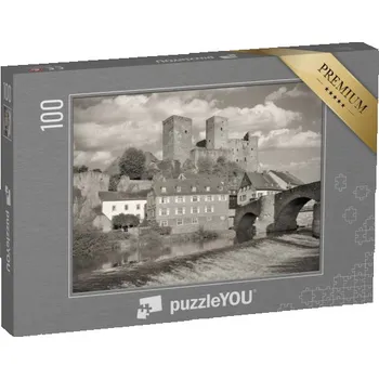 Puzzle puzzle 100 dílků „Středověká vesnice Runkel an der Lahn, černobíle“