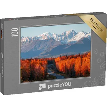 Puzzle puzzle 100 dílků „Pohled na Denali, horu Foraker a Aljašské pohoří z dálnice Parks Highway“