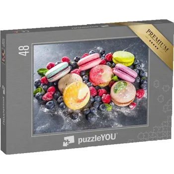Puzzle puzzle 48 dílků „Barevné francouzské makronky s bobulemi a moučkovým cukrem“