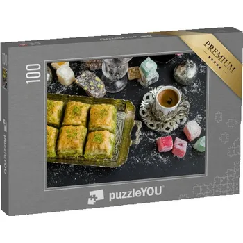 Puzzle puzzle 100 dílků „Baklava s pistáciemi, tradiční turecké pečivo s kávou“
