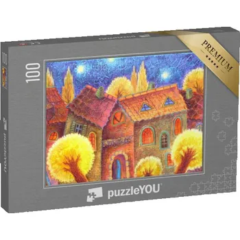 Puzzle puzzle 100 dílků „Noční město se žlutými stromy, olejomalba“