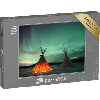 Puzzle puzzle 100 dílků „Indiánské týpí pod polární září ve Whitehorse, Yukon, Kanada“
