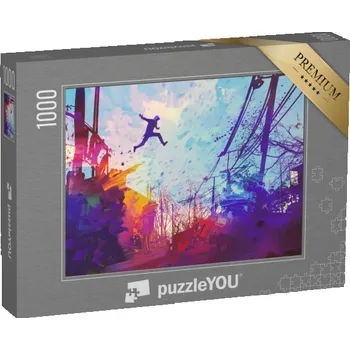 Puzzle puzzle „Muž skákající po střeše, Grunge, malování“