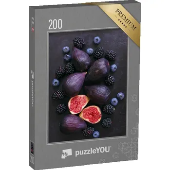 Puzzle puzzle 200 dílků „Zralé fialové fíky celé a nakrájené na plátky, ostružiny a borůvky“