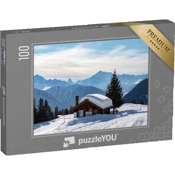 Puzzle puzzle 100 dílků „Zasněžená horská chata ve švýcarských Alpách“