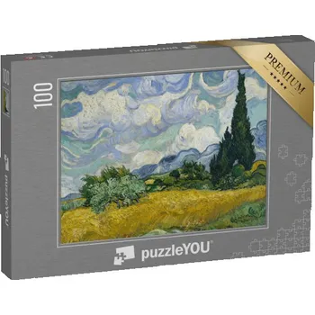 Puzzle puzzle 100 dílků „Pšeničné pole s cypřiši, Vincent Van Gogh, 1889“