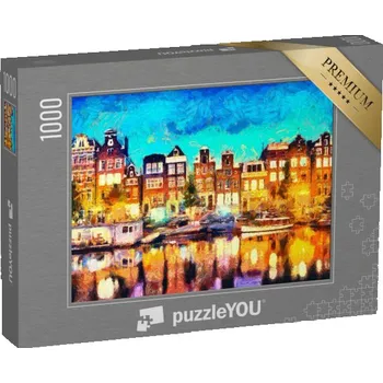 Puzzle puzzle „Amsterdam, domy u kanálu, olejomalba“