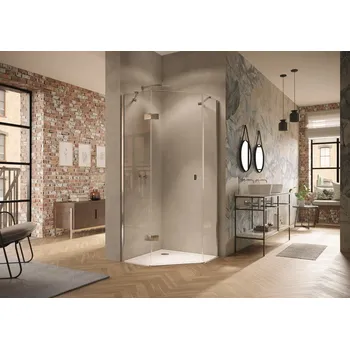 Hüppe Solva s nástěnnou lištou 1-křídlové dveře s pevným segmentem 5-úhelník rohový vstup