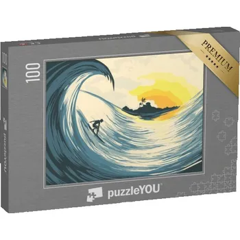 Puzzle puzzle 100 dílků „Tropický ostrov, vlny a surfaři při západu slunce“
