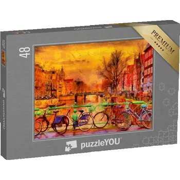 Puzzle puzzle 48 dílků „Déšť nad Amsterdamem, olejomalba“