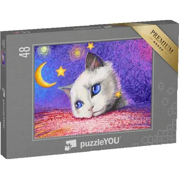 Puzzle puzzle 48 dílků „Bílá kočka obklopená hvězdami, ilustrace“