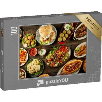 Puzzle puzzle 100 dílků „Středomořské pokrmy s chlebem na dřevěném stole“