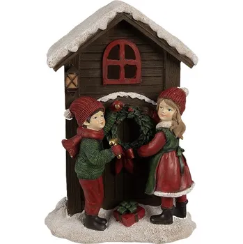 Vánoce Hnědá vánoční dekorace svítící domek s dětmi - 13*10*20 cm