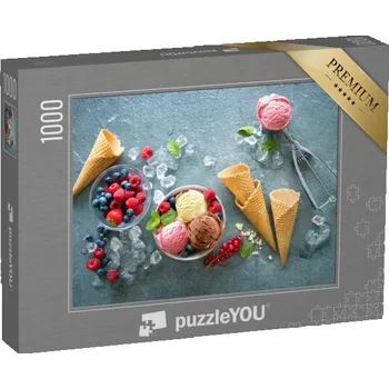 Puzzle puzzle „Různé druhy zmrzliny v misce s mátou, bobulemi“