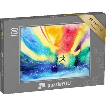 Puzzle puzzle 100 dílků „Člověk běží, létá v barevném vesmíru, akvarel“