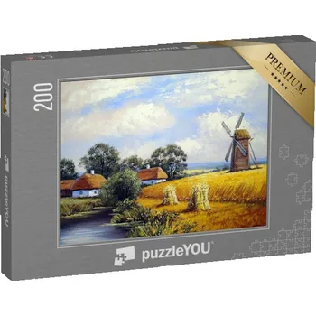 Puzzle puzzle 200 dílků „Krásná krajina, mlýn, pšeničné pole, vesnice, olejomalba“