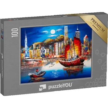 Puzzle puzzle 100 dílků „Přístav Victoria, Hongkong, olejomalba“