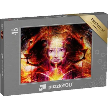 Puzzle puzzle 48 dílků „Malba na počítači, mohutná lví hlava s ptákem Fénixem“