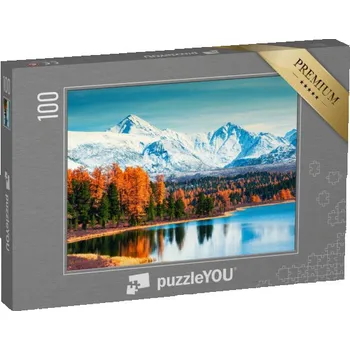 Puzzle puzzle 100 dílků „Hory a podzimní les u jezera Kidelu v pohoří Alta, Sibiř“
