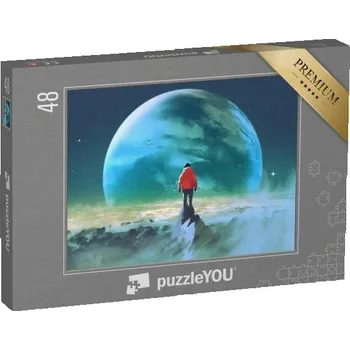 Puzzle puzzle 48 dílků „Muž na vrcholu hory s výhledem na jinou planetu“