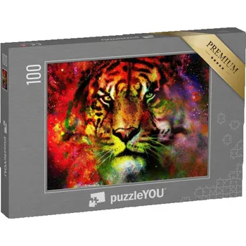 Puzzle puzzle 100 dílků „Magický vesmírný tygr, pestrobarevná koláž z počítačové grafiky“