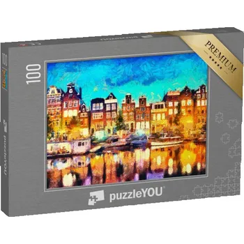 Puzzle puzzle 100 dílků „Amsterdam, domy u kanálu, olejomalba“