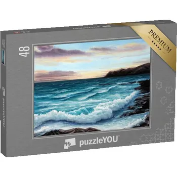 Puzzle puzzle 48 dílků „Pobřeží s mořem a pláží, olejomalba“
