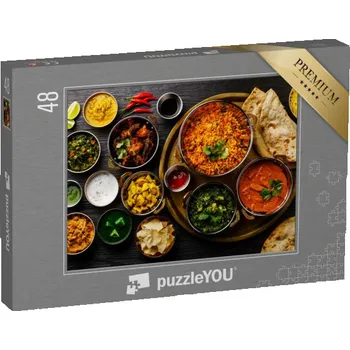 Puzzle puzzle 48 dílků „Indická jídla, kari kuře na másle, Palak Paneer“