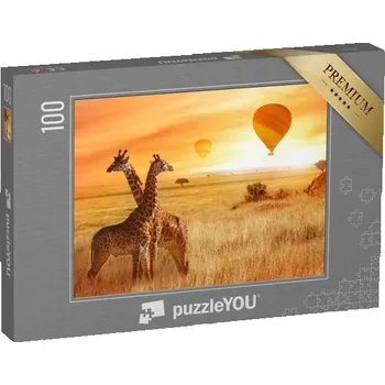 Puzzle puzzle 100 dílků „Panoramatický let balónem, žirafy v africké savaně“