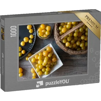 Puzzle puzzle „Žluté bio švestky, mirabelle švestky trhané, plný koš“