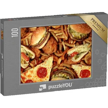 Puzzle puzzle 100 dílků „Cibulové kroužky, hamburgery, hranolky a hot dogy“