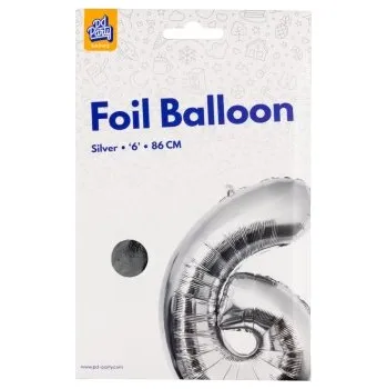 Balónek PD Party Fóliový balónek č. 6 stříbrná, 86 cm