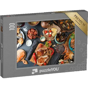 Puzzle puzzle 100 dílků „Grilované maso a mořské plody se zeleninou“