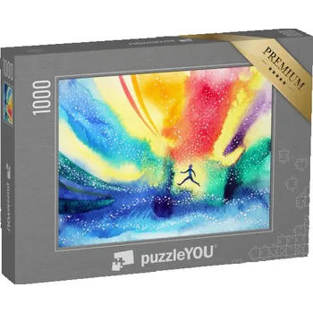 Puzzle puzzle „Člověk běží, létá v barevném vesmíru, akvarel“