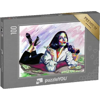 Puzzle puzzle 100 dílků „Pop art: Elegantní bankovní lupič s kořistí“