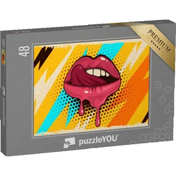 Puzzle puzzle 48 dílků „Růžové, červené rty, ústa a jazyk, pop art“