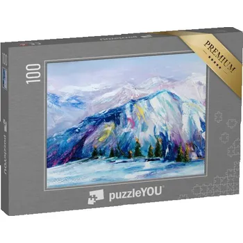 Puzzle puzzle 100 dílků „Hory na sněhu, olejomalba“