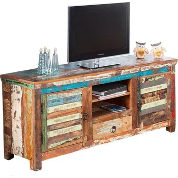 Televizní stolek Etno dvoudveřový masivní etno hnědý TV stolek Jakarta s vícebarevnou patinou v obdélníkovém tvaru 150 cm