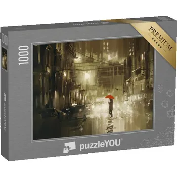 Puzzle puzzle „Žena s červeným deštníkem v noci, ilustrace“