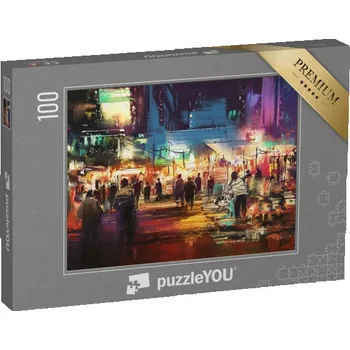 Puzzle puzzle 100 dílků „Malba nákupní ulice, město s barevným světlem“
