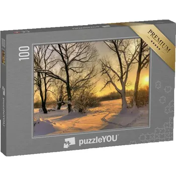 Puzzle puzzle 100 dílků „Krásný zimní západ slunce se zasněženými stromy“