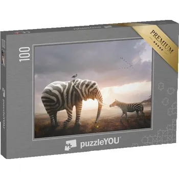 Puzzle puzzle 100 dílků „Surrealistický obraz slona afrického s pruhy zebry“