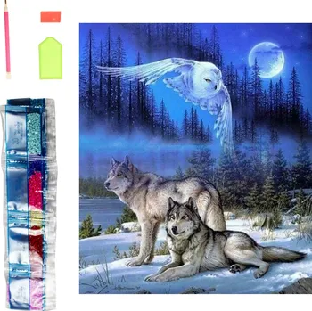 Diamantový obrázek malování 30x40cm - Vlci a sova