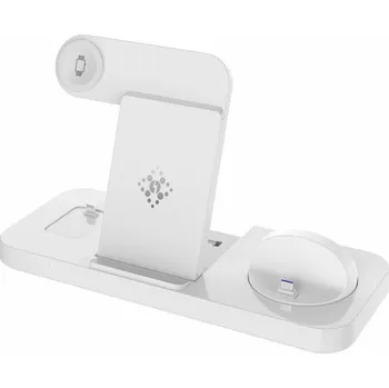 5v1 skládací bezdrátový stojánek pro iPhone / Apple Watch s USB-C a 2x Lightning konektorem pro AirPods - 15W - bílý