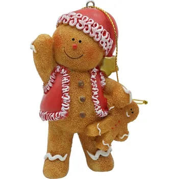 Vánoce Hnědá vánoční ozdoba perníček v červené vestičce s mini perníčkem – 6x4x9 cm